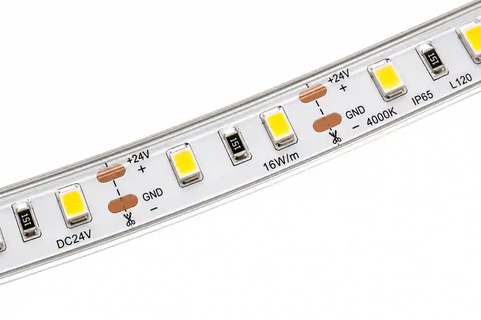 Detail LED pásku Kanlux L120 IP65 se smršťovací bužírkou